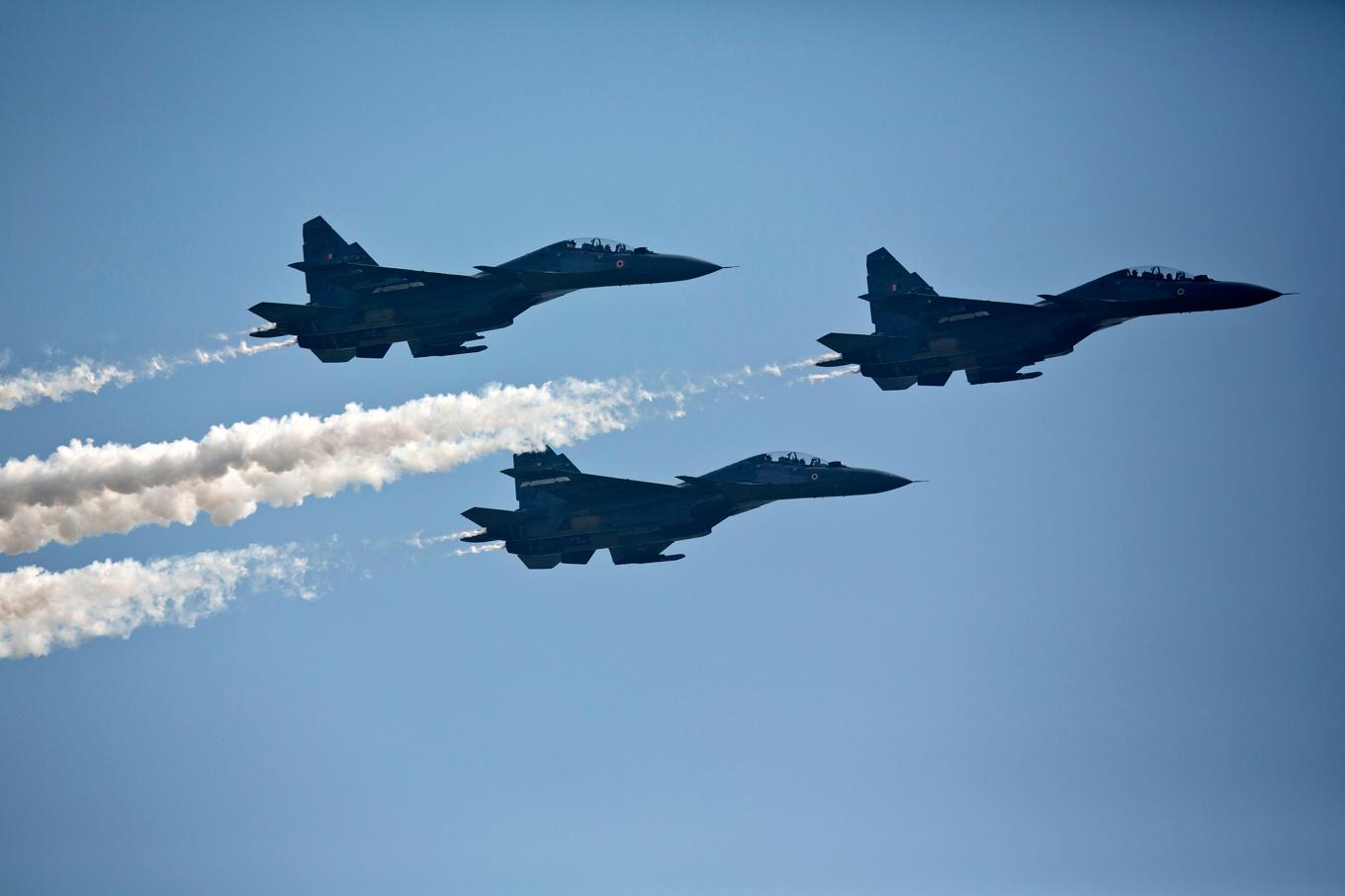 Ett ryskt Suchoj Su-30 stridsflygplan uppges ha förstörts på Krimhalvön av ukrainska drönare. Arkivbild Foto: Anupam Nath/AP/TT