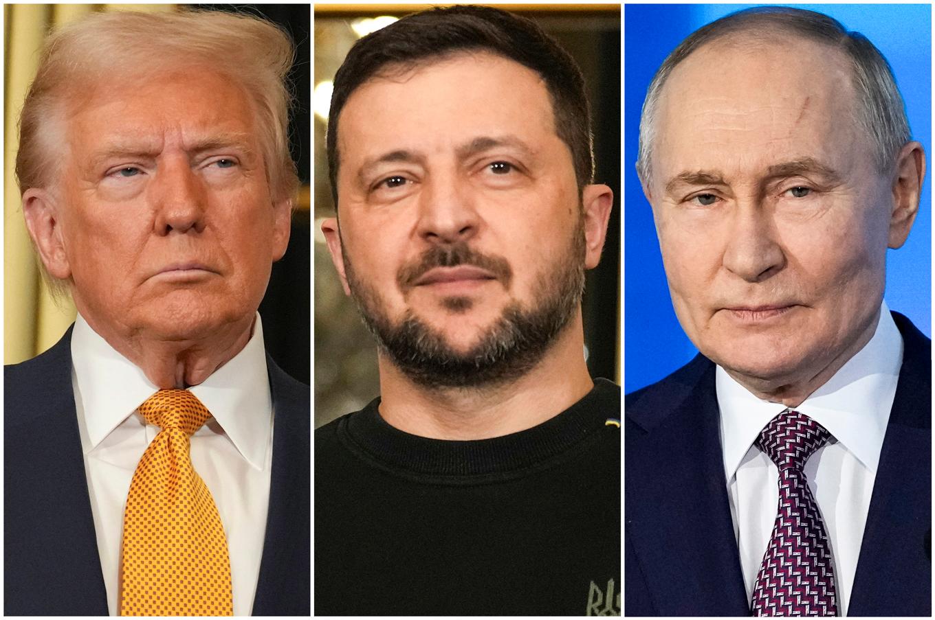 De tre presidenterna: USA:s Donald Trump, Ukrainas Volodymyr Zelenskyj och Rysslands Vladimir Putin. Foto: AP/TT