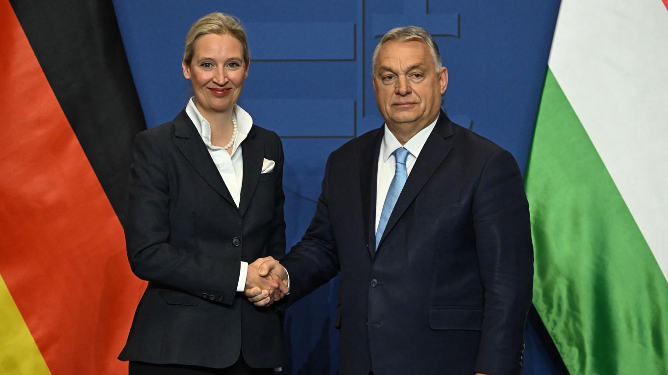 Ledaren för det tyska invandringskritiska partiet AFD, Alice Weidel, skakar hand med Ungerns premiärminister Viktor Orbán den 12 februari. Foto: Attila Kisbenedek/AFP via Getty Images