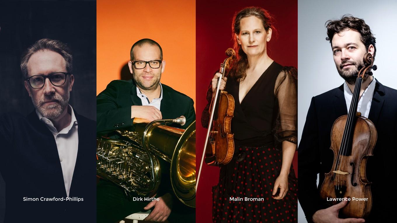 Musikerna Simon Crawford Phillips, Malin Broman, Dirk Hirthe och Lawrence Power medverkar under ”Change Music Festival” i Varberg, Kungsbacka och på Tjolöholms slott.   Foto: Change Music Festival