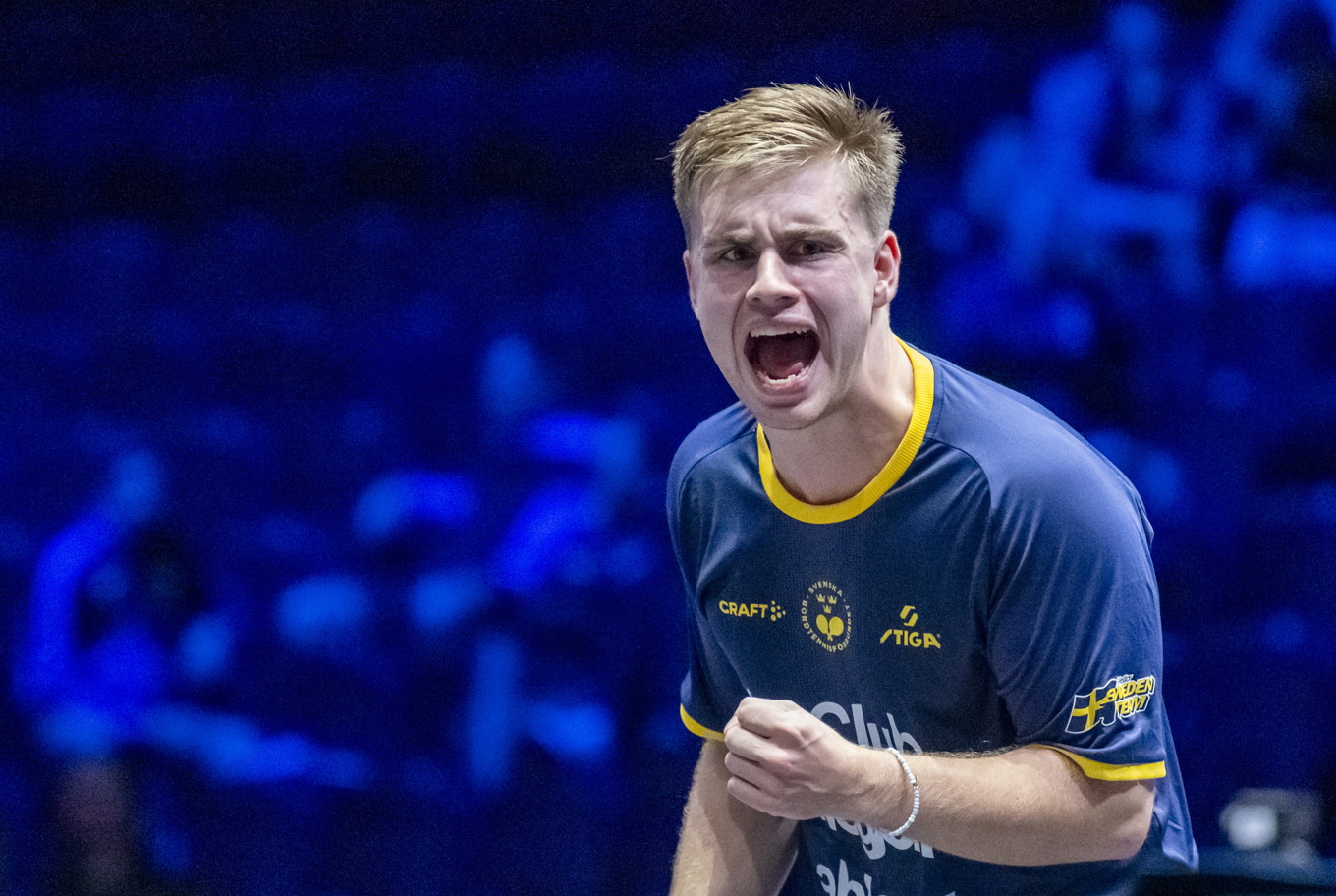 Truls Möregårdh jublar under segermatchen mot rumänen Eduard Ionescu. Foto: Johan Nilsson/TT