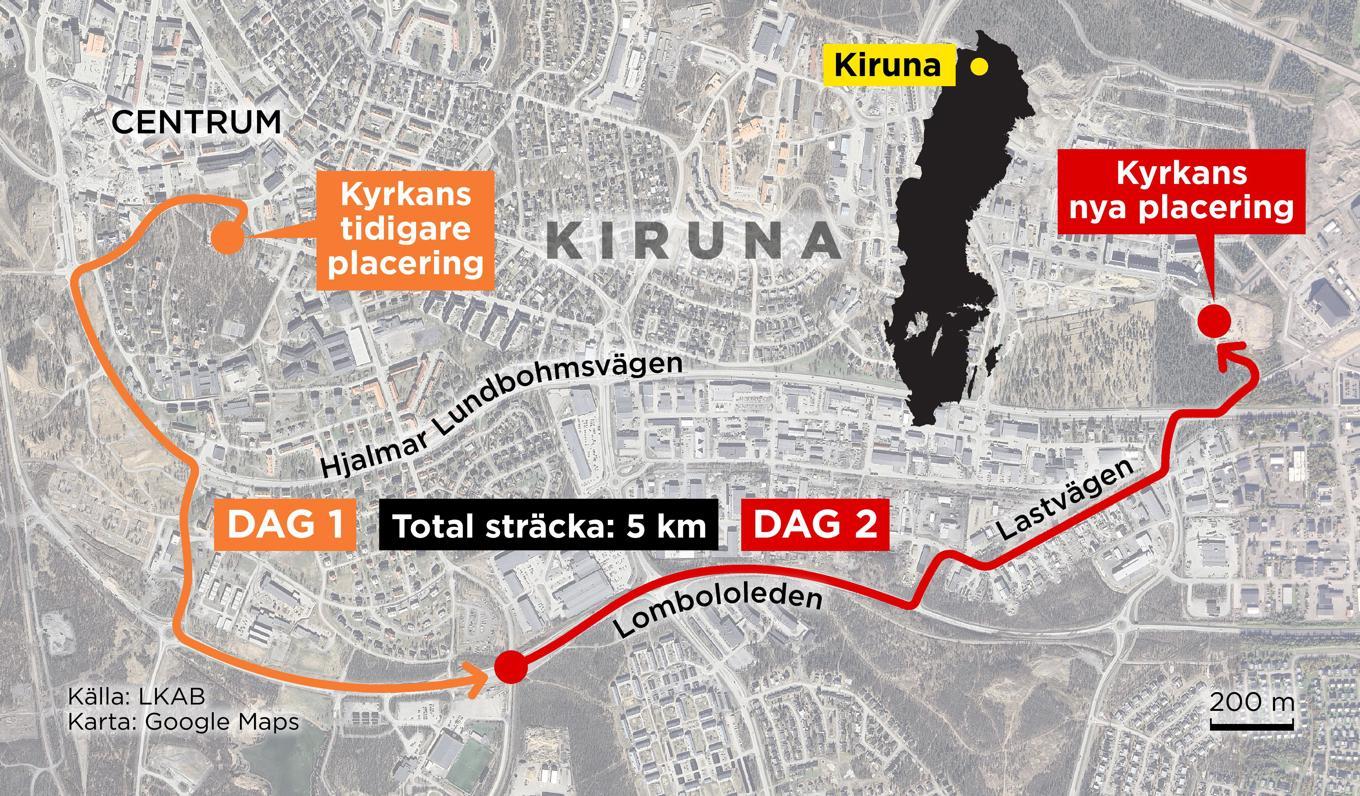 Den fem kilometer långa flytten av Kiruna kyrka beräknas ta två dagar. Kyrkan väger 672 ton och ekipaget kommer att förflytta sig med en hastighet av 500 meter per timme. Foto: Anders Humlebo/TT