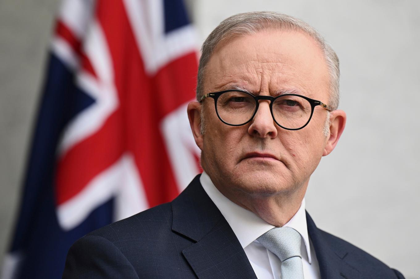Anthony Albanese i samband med tisdagens pressträff. Foto: Lukas Coch/AP/TT
