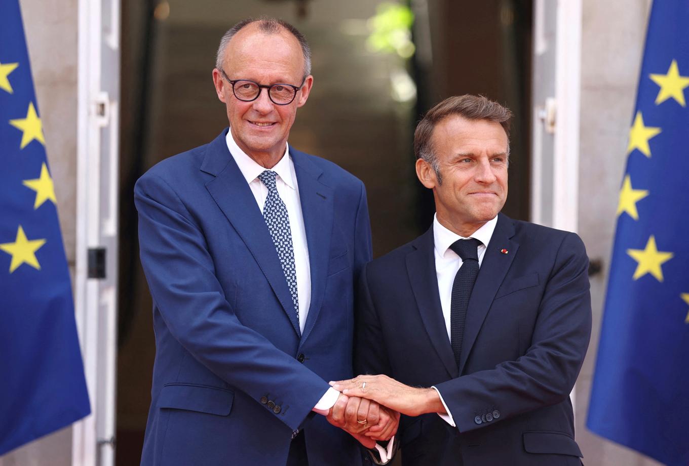 Tysklands förbundskansler Friedrich Merz och Frankrikes president Emmanuel Macron. Foto: Manon Cruz/AP/TT