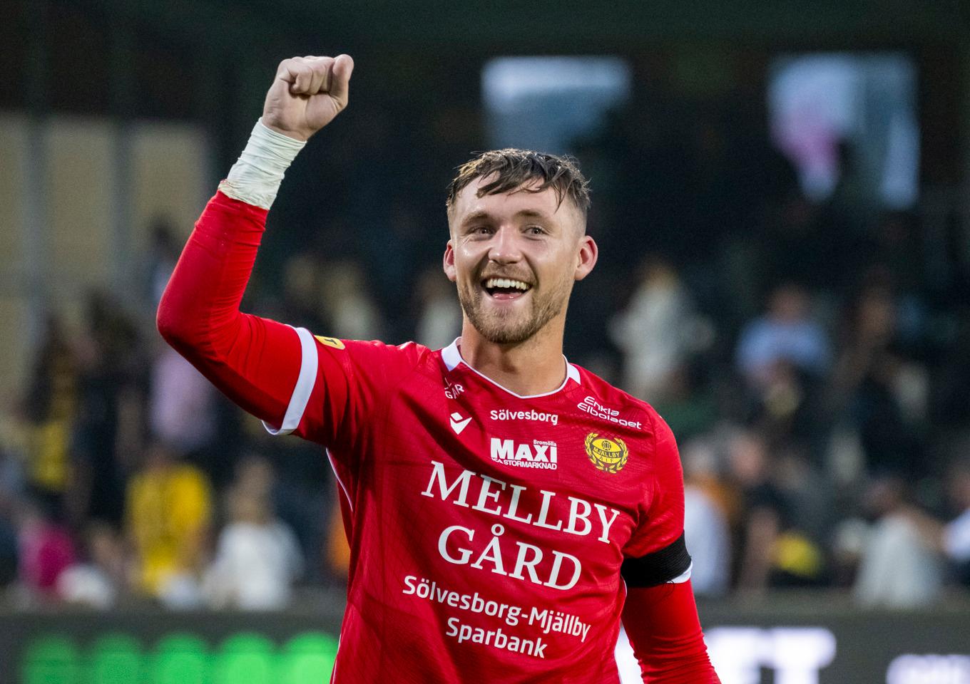 Noel Törnqvist firar efter lördagens 1–0 seger mot Halmstad. Foto: Johan Nilsson / TT