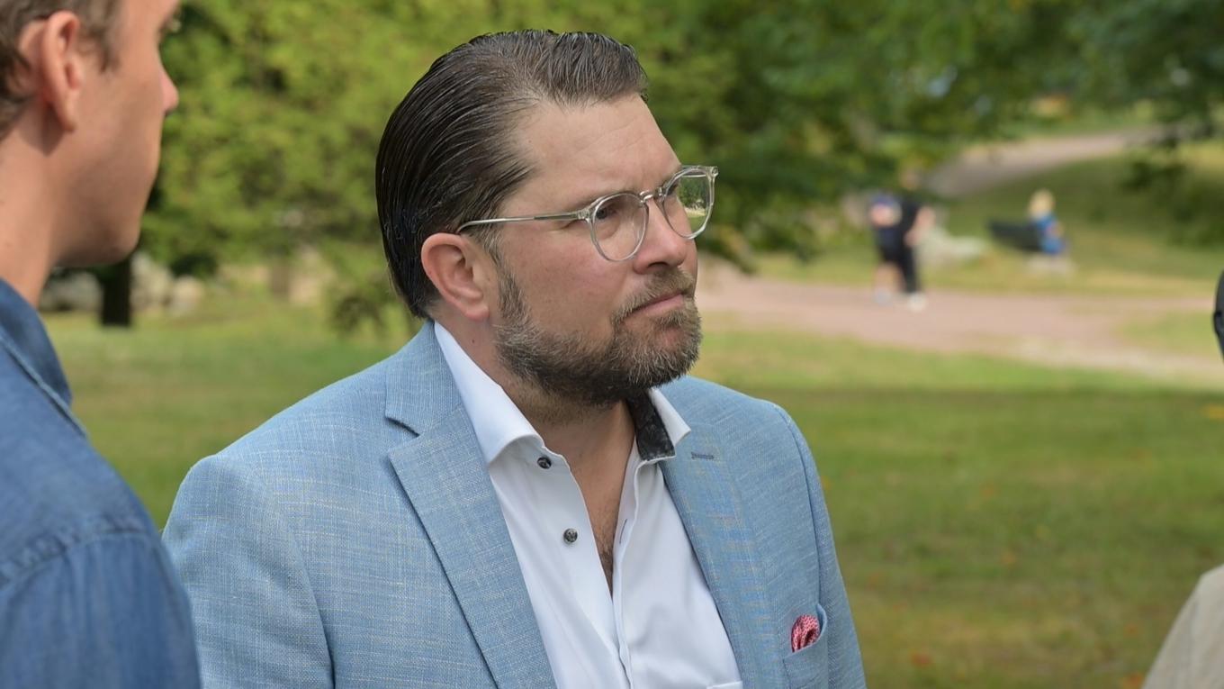 Jimmie Åkesson (SD) i samband med sommartalet i Sölvesborg. Foto: Roger Sahlström