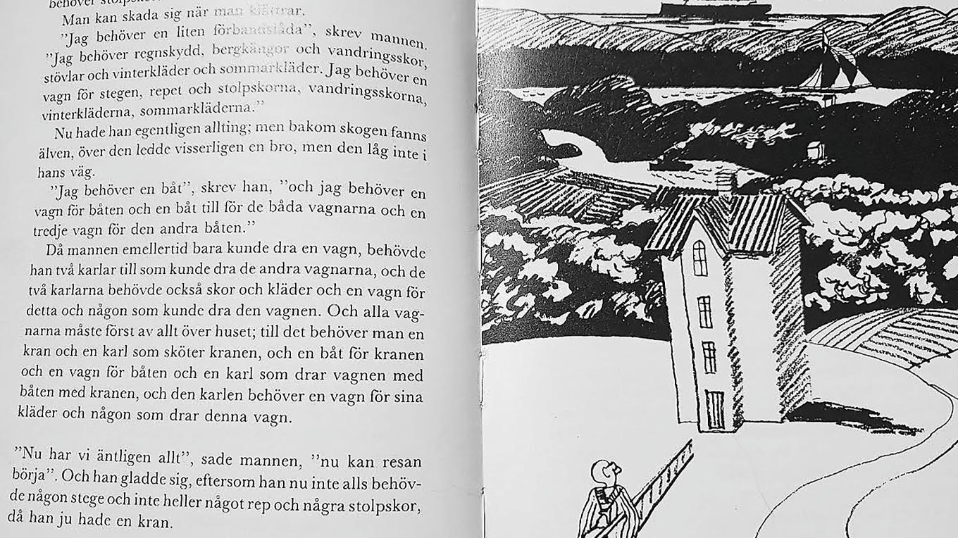 Bild från berättelsen ”Jorden runt”.
Går vi bara tillräckligt rakt kommer vi väl tillbaka till vår startpunkt? Illustration av Lennart Karlsson.