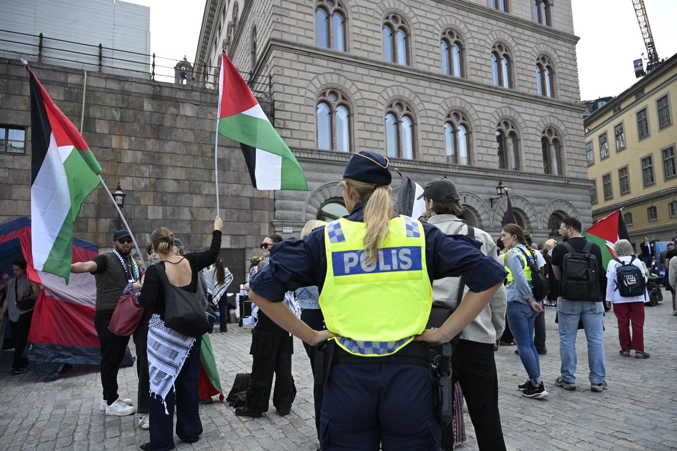 Demonstration på Mynttorget vid riksmötets öppnande i riksdagens kammare. Foto: Anders Wiklund/TT