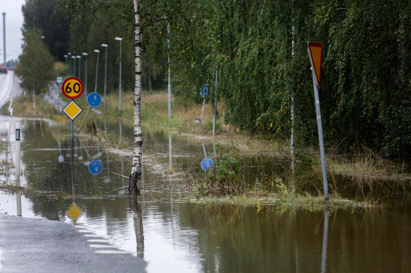 Den lilla byn Kubbe utanför Örnsköldsvik hotas av översvämningar. Bilden visar dock en annan plats, med översvämningar på väg 90 mellan Kramfors och Bollstabruk på söndagen. Foto: Mats Andersson/TT