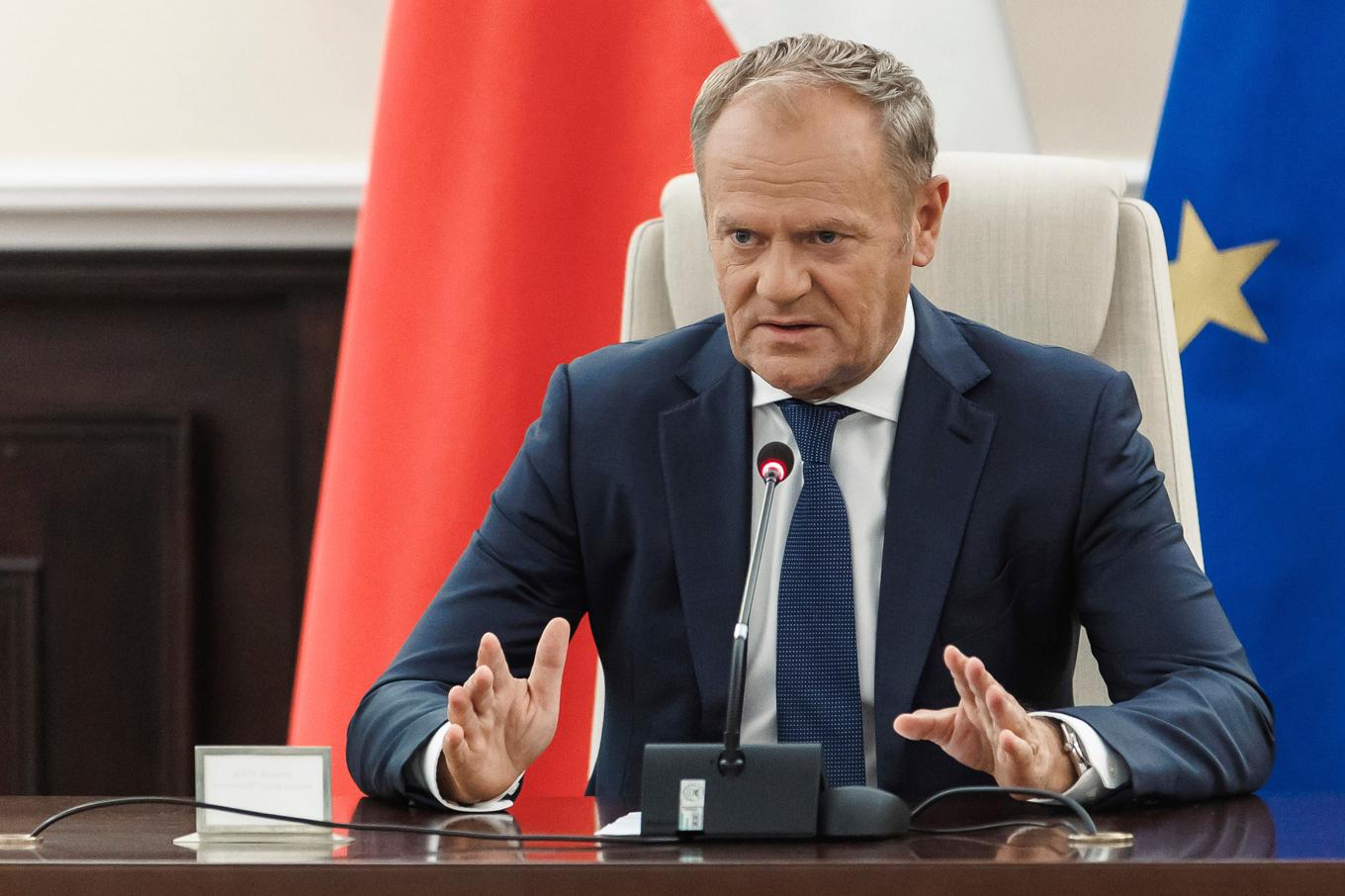 Polens premiärminister Donald Tusk under en presskonferens i onsdags, efter ryska kränkningar av polskt luftrum. Foto: Polens premiärministerkansli via AP/TT
