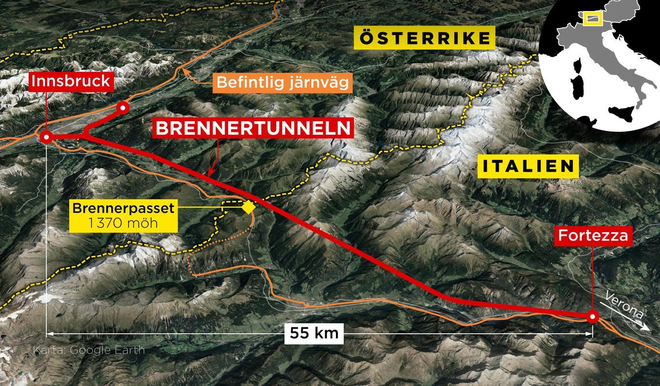 Förbindelsen mellan Österrike och Italien ska bli världens längsta tågtunnel. Foto: Anders Humlebo/TT