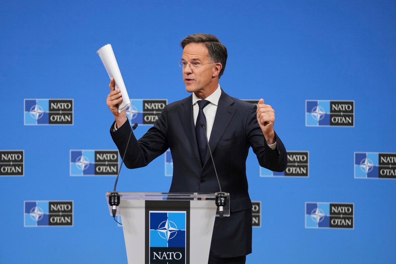 Natos generalsekreterare Mark Rutte håller presskonferens på tisdagen. Foto: Virginia Mayo/AP/TT