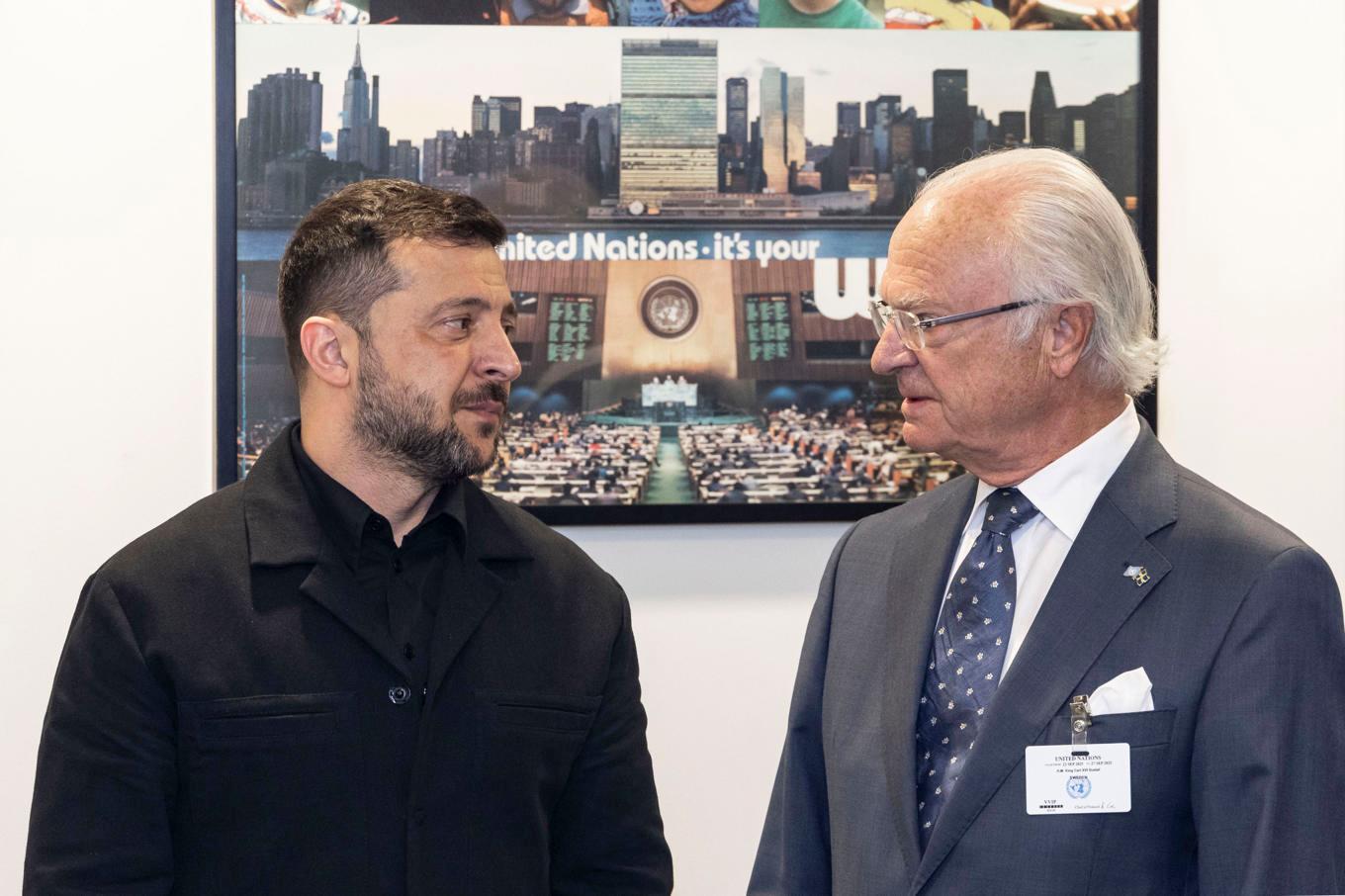 Kung Carl XVI Gustaf träffar Ukrainas president Volodymyr Zelenskyj i FN. Foto: Pontus Höök/TT