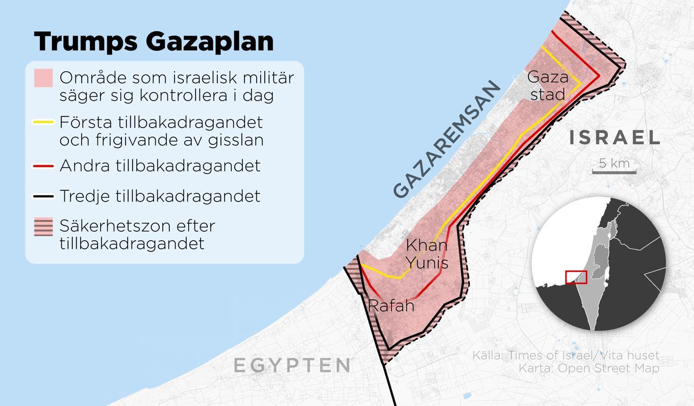 Kartan visar hur Trumpstyret tänker sig det israeliska tillbakadragandet från Gazaremsan. Foto: Anders Humlebo/TT