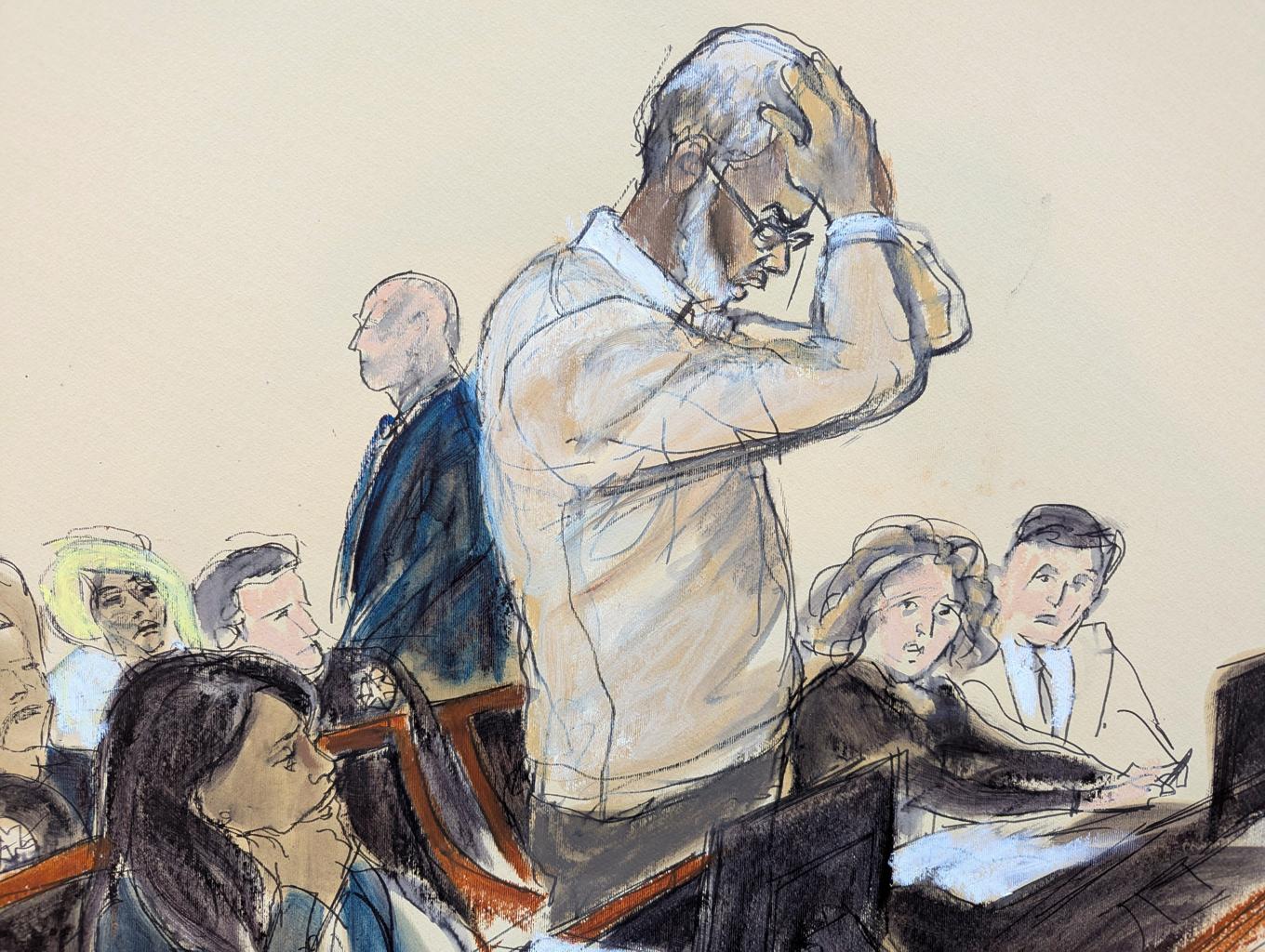 Sean "Diddy" Combs reagerar i rätten under förhandlingen om hans straffpåföljd, fångat av en tecknare i domstolen där kameror inte var tillåtna. Foto: Elizabeth Williams/AP/TT