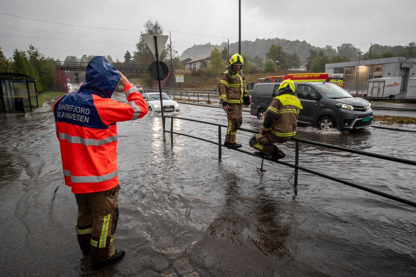 Översvämningar i Sandefjord efter stormen Amys framfart. Foto: Trond R Teigen/NTB/TT