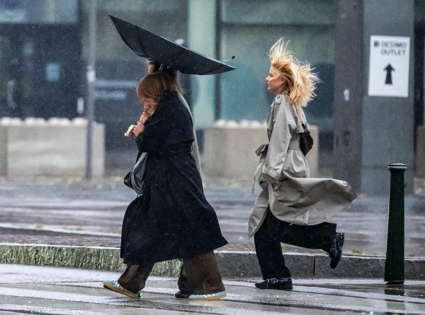 Hård kamp mot vind och regn i Hyllie i Malmö när stormen Amy drog in över Sydsverige. Foto: Johan Nilsson/TT