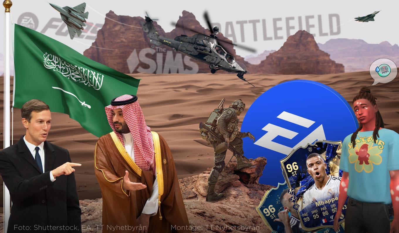 Vad händer med EA och spelen om utköpet från börsen går som planerat. På bilden bland annat kronprins Mohammed bin Salman, som leder PIF, och Donald Trumps svärson Jared Kushner, som leder Affinity Partners. Bilden är ett montage. Foto: Anders Humlebo/TT