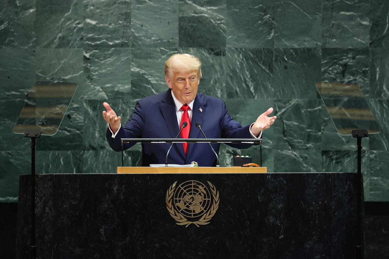 USA:s president Donald Trump håller tal till FN:s generalförsamling i New York den 23 september. Foto: Michael M. Santiago/Getty Images
