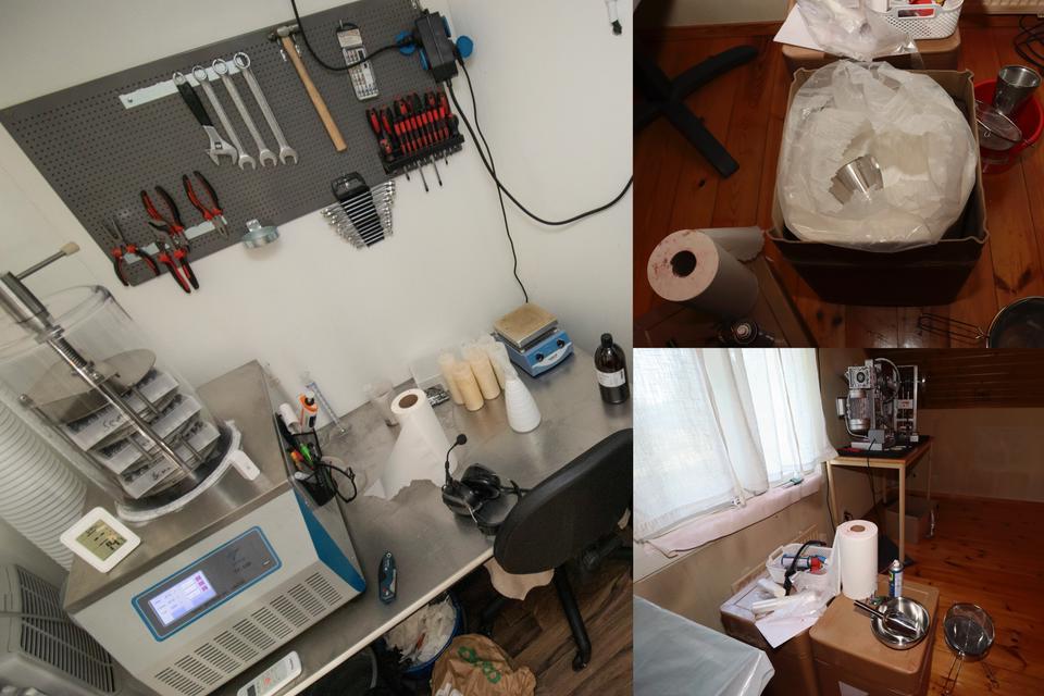 Vid ett tillslag i Värmland hittade Polisen en omfattande tillverkning av illegala läkemedel. Foto: Polisen