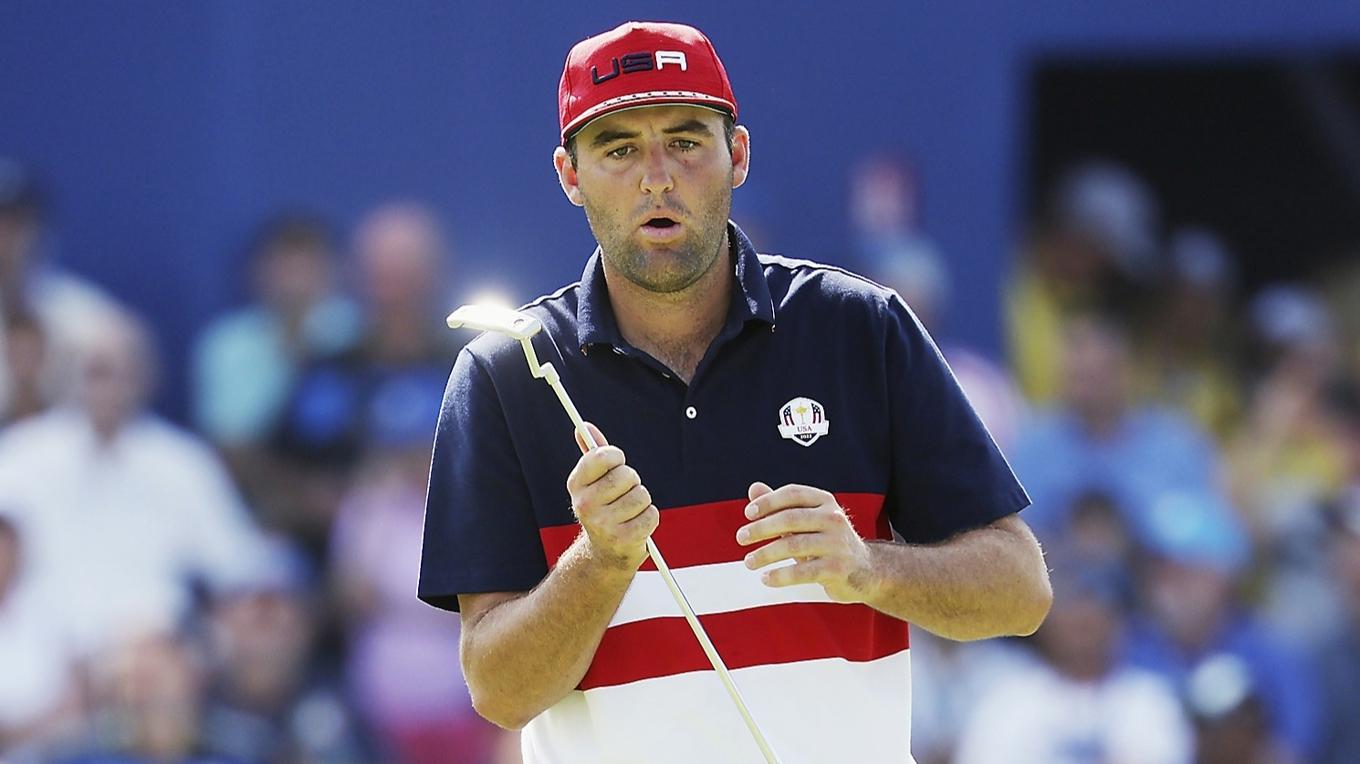USA:s världsetta Scottie Scheffler är en av de stora profilerna i Ryder Cup 2025. Som frontfigur i det amerikanska laget på Bethpage Black leder han en stark trupp som ska försöka ta tillbaka pokalen från Europa efter förlusten i Rom 2023. Foto: Patrick Smith/Getty Images