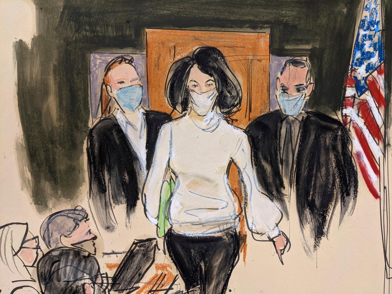 Ghislaine Maxwell i domstolen i samband rättegången mot henne 2021. Bilden är en sketch från domstolsförhandlingarna. Foto: Elizabeth Williams/AP/TT