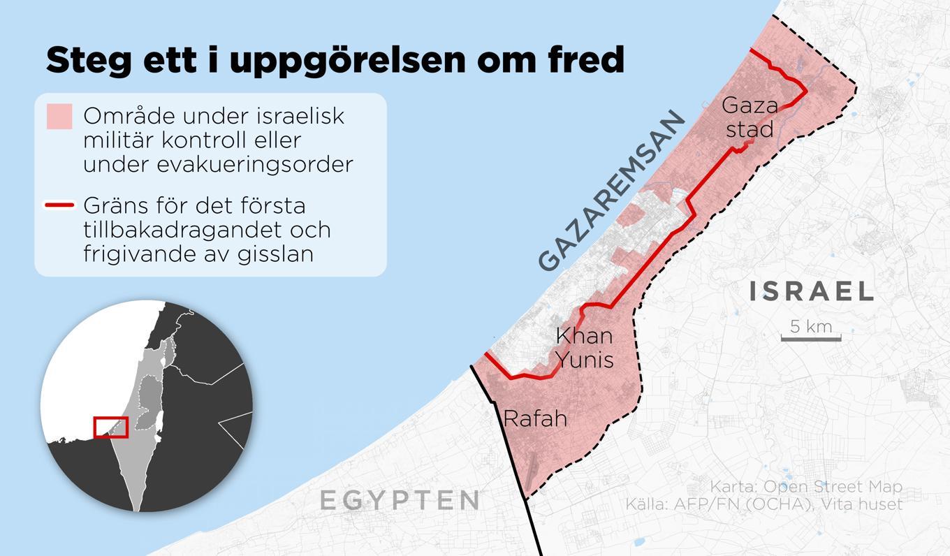 Kartan visar hur israelisk militär dragit sig tillbaka i steg ett av uppgörelsen om fred i Gazaremsan. Foto: Anders Humlebo/TT