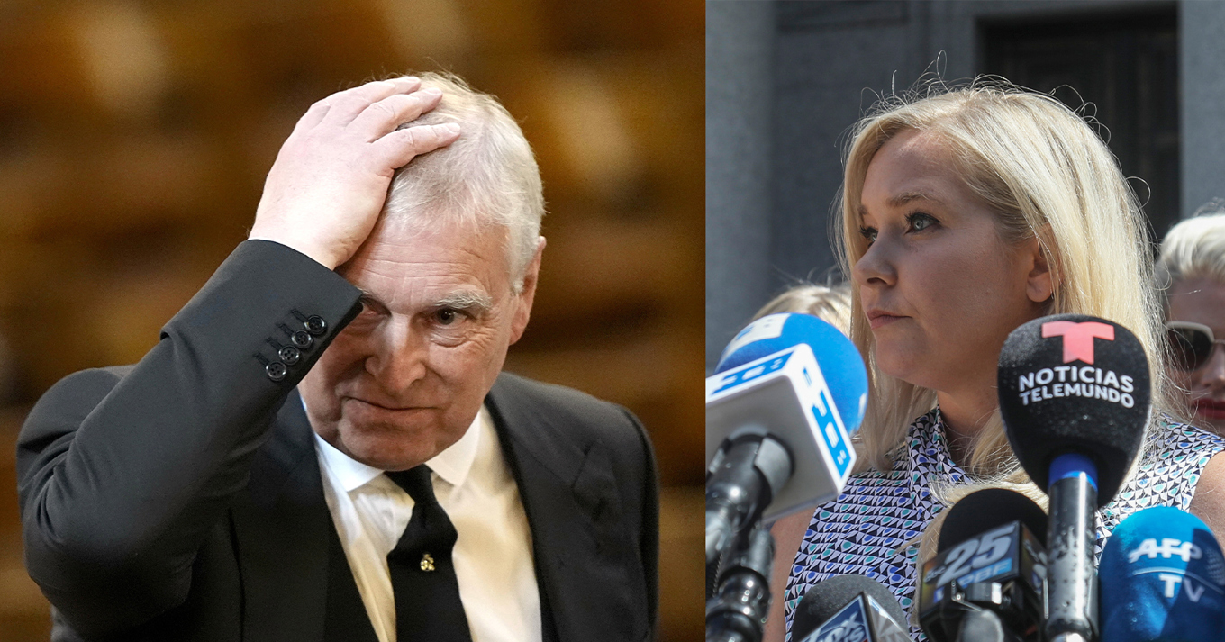 Prins Andrew i september i år samt Virginia Giuffre 2019. Bilden är ett montage. Foto: Aaron Chown/AP/TT, Bebeto Matthews/AP/TT
