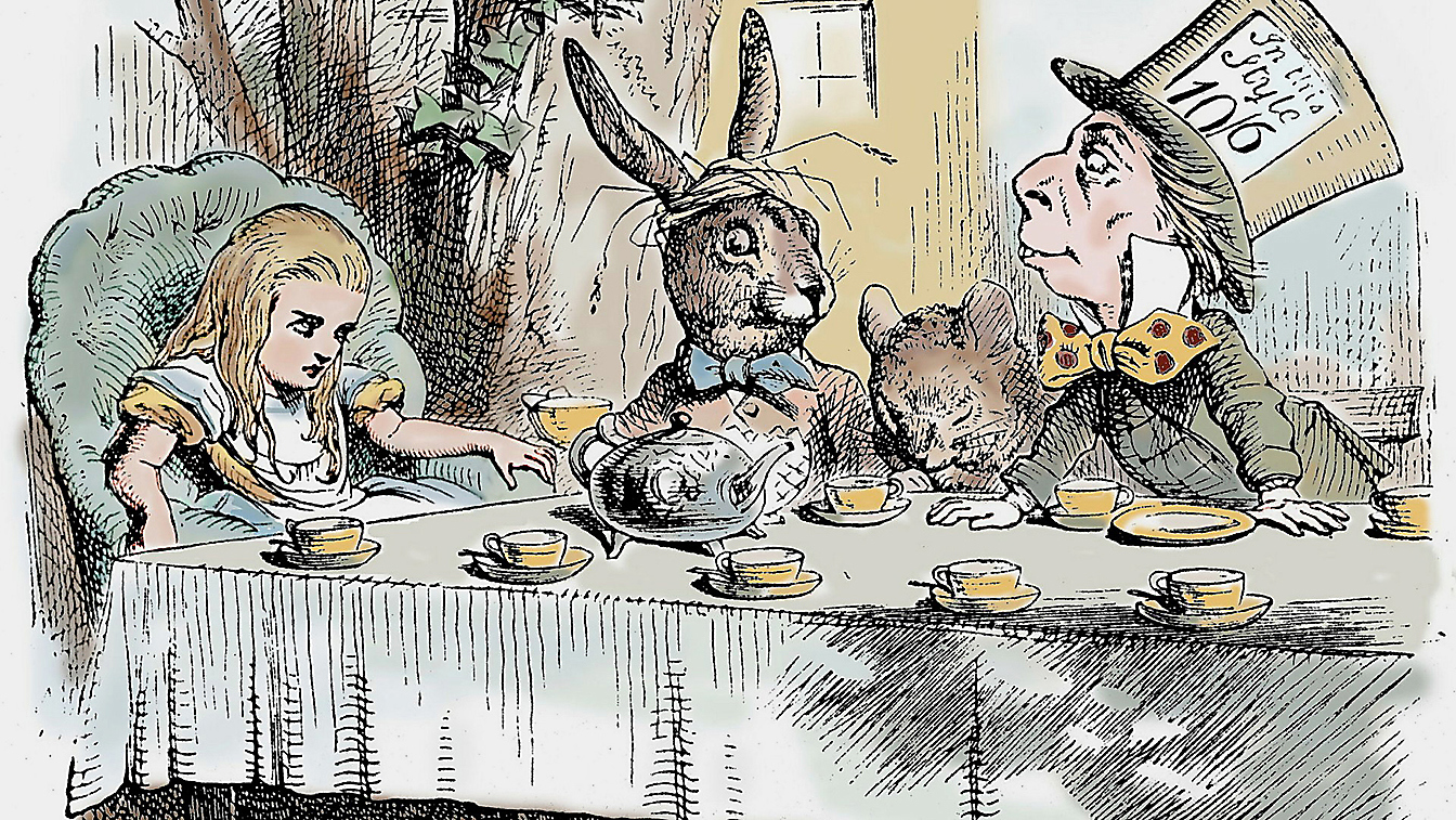 Ibland liknar debatter och försök till samtal en galen tebjudning. Originalillustration från ”Alice i Underlandet”, tecknad av John Tenniel (1820-1914). Foto: Public Domain