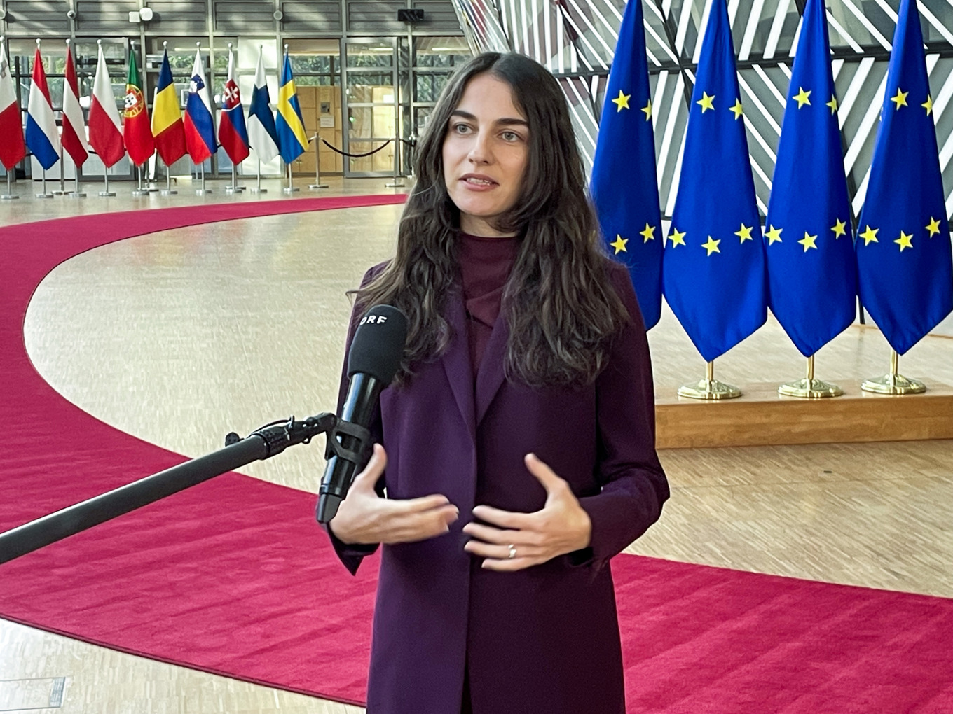 Klimat- och miljöminister Romina Pourmokhtari på väg in till tisdagens EU-möte i Bryssel. Foto: Wiktor Nummelin/TT