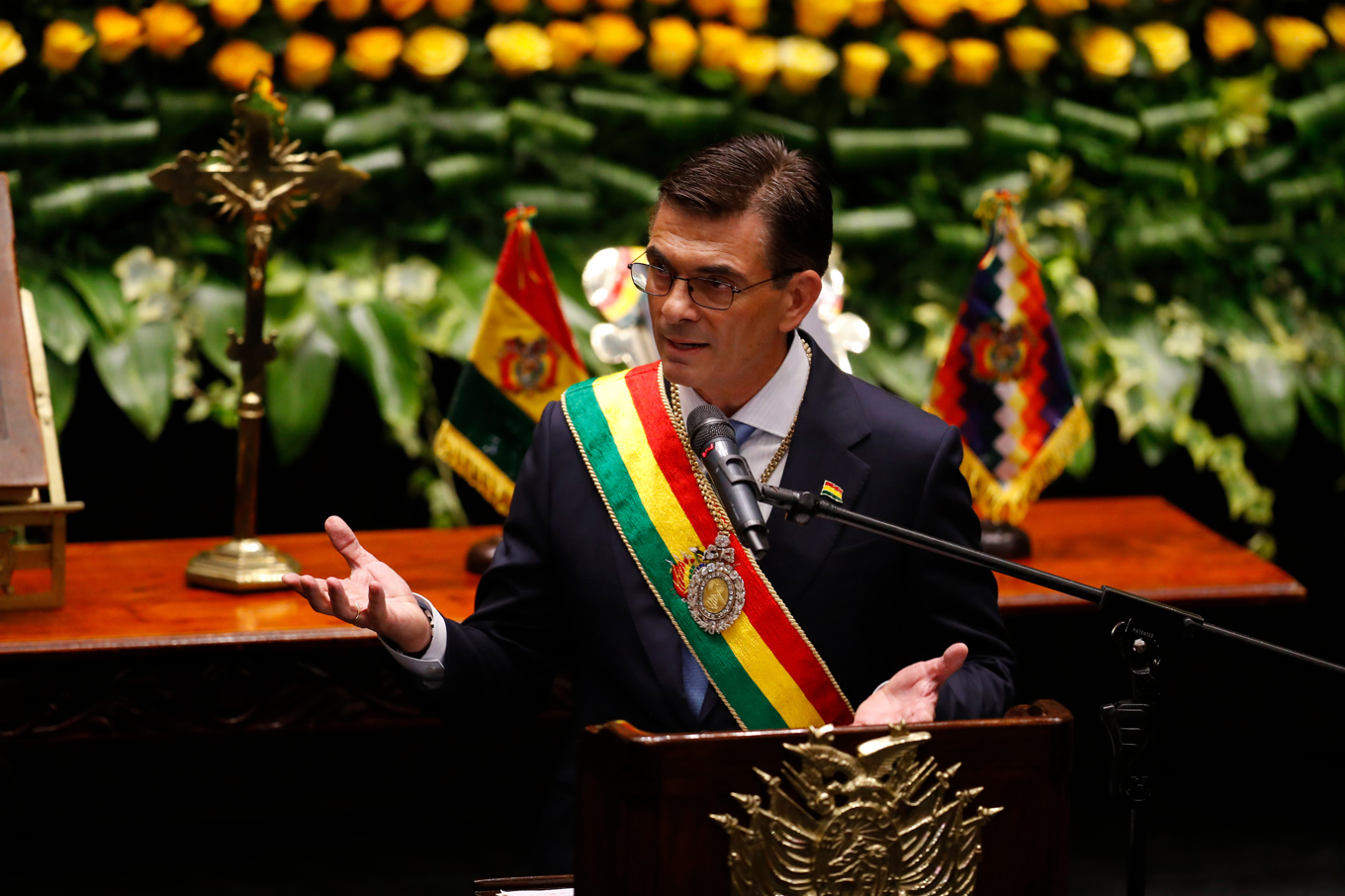 Bolivias nya president Rodrigo Paz under sitt installationstal i La Paz på lördagen. Foto: Luis Gandarillas/AP/TT