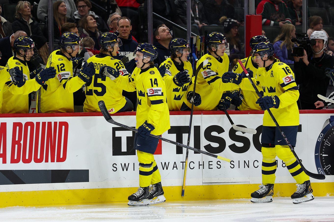 Linus Eriksson (14) firar efter sitt mål. Foto: Matt Krohn/AP/TT