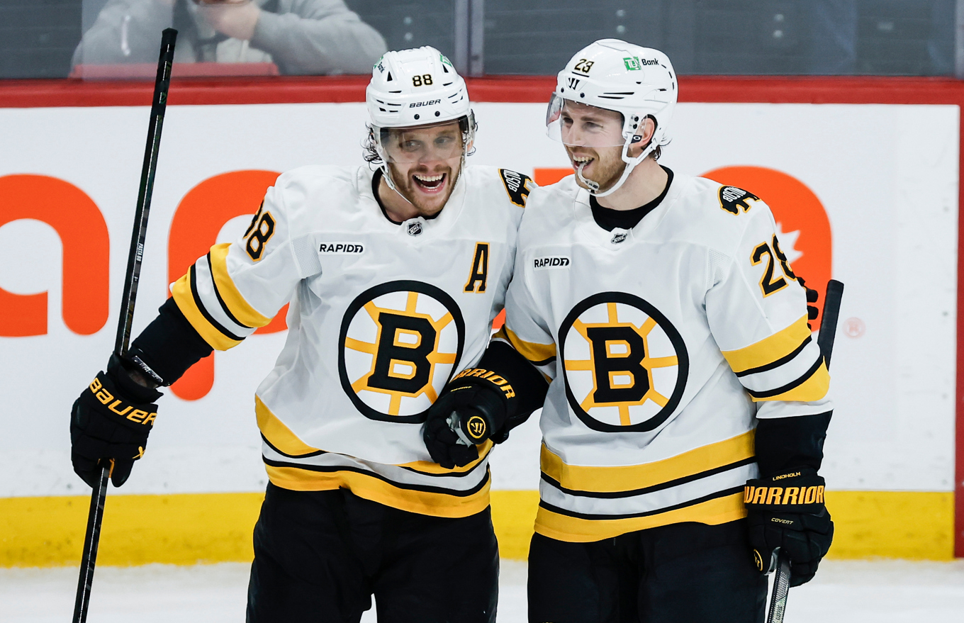 Bostons David Pastrnak och Elias Lindholm. Arkivbild. Foto: John Woods/AP/TT