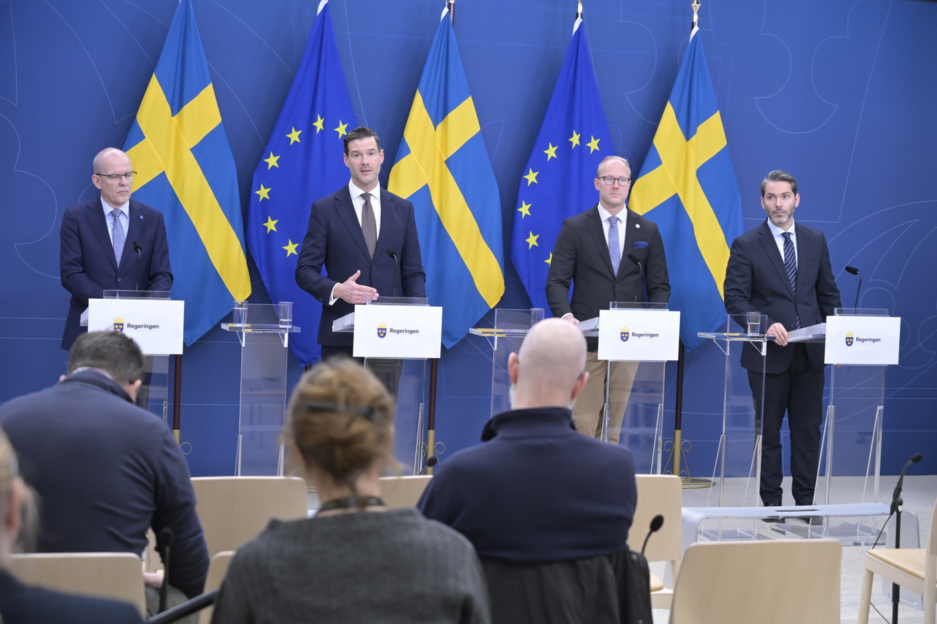 Ingemar Kihlström (KD), mingrationspolitisk talesperson, Johan Forsell (M), migrationsminister, Ludvig Aspling (SD), mingrationspolitisk talesperson och Patrik Karlsson (L), mingrationspolitisk talesperson. Foto: Roger Sahlström.