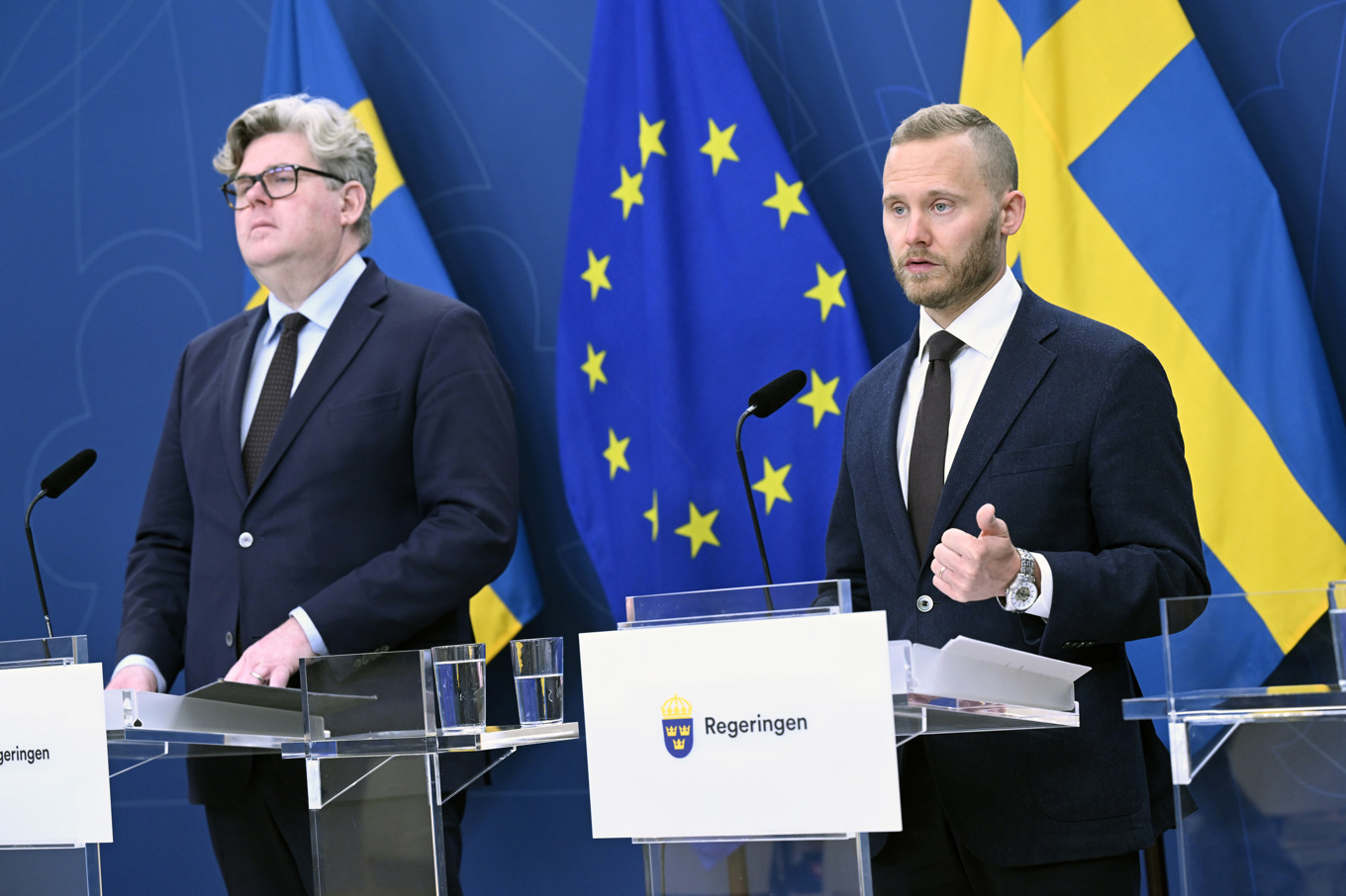 Justitieminister Gunnar Strömmer (M) och Henrik Vinge (SD) ger besked om en rad straffskärpningar. Foto: Jessica Gow/TT