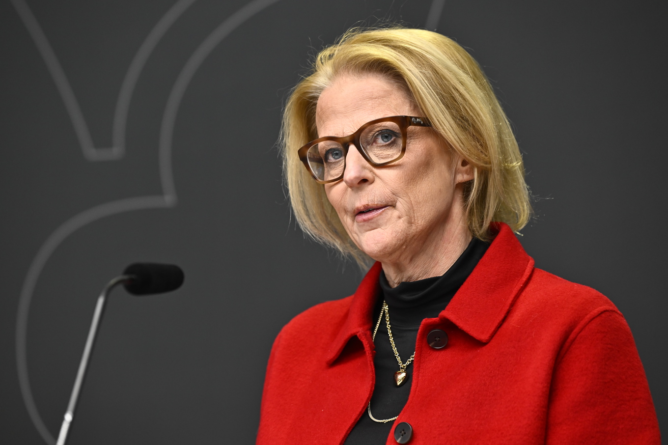 Finansminister Elisabeth Svantesson (M) uttalar sig om tullhoten på en pressträff där hon tar emot en utredning om skattelättnader för forskning. Foto: Henrik Montgomery/TT