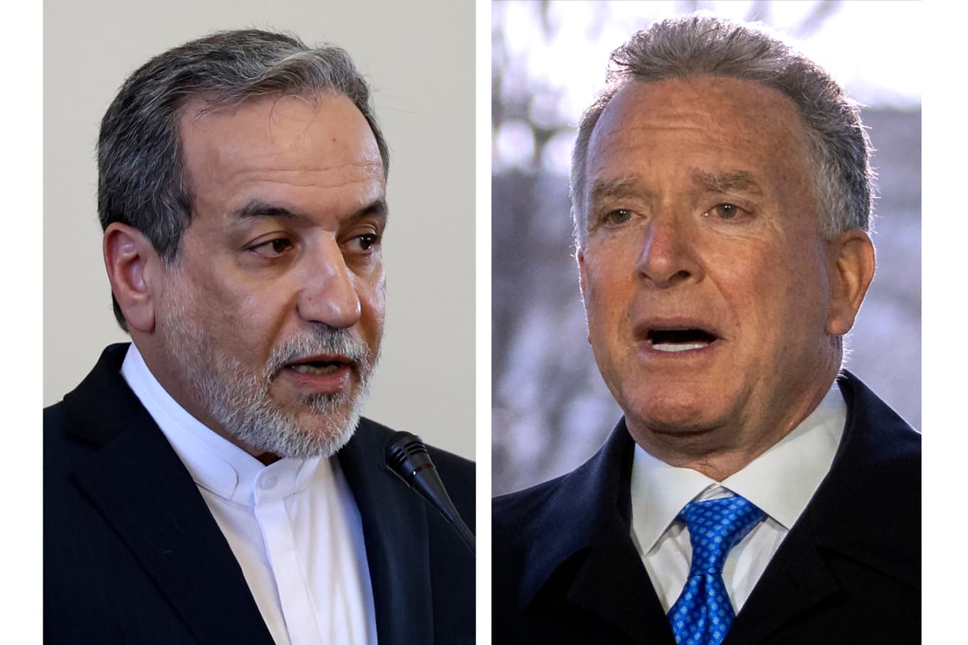 Två män som kan avgöra Mellanösterns närmaste framtid: Irans utrikesminister Abbas Araghchi och USA:s sändebud Steve Witkoff. Bilderna är tagna våren 2025. Foto: Mark Schiefelbein/AP/TT