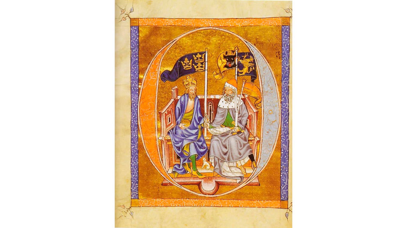 Albrekt av Mecklenburg tillsammans med sin far på en illustration i en mecklenburgsk krönika från 1378. På fanan Albrekt håller syns Sveriges tre kronor. Foto: Wikimedia Commons