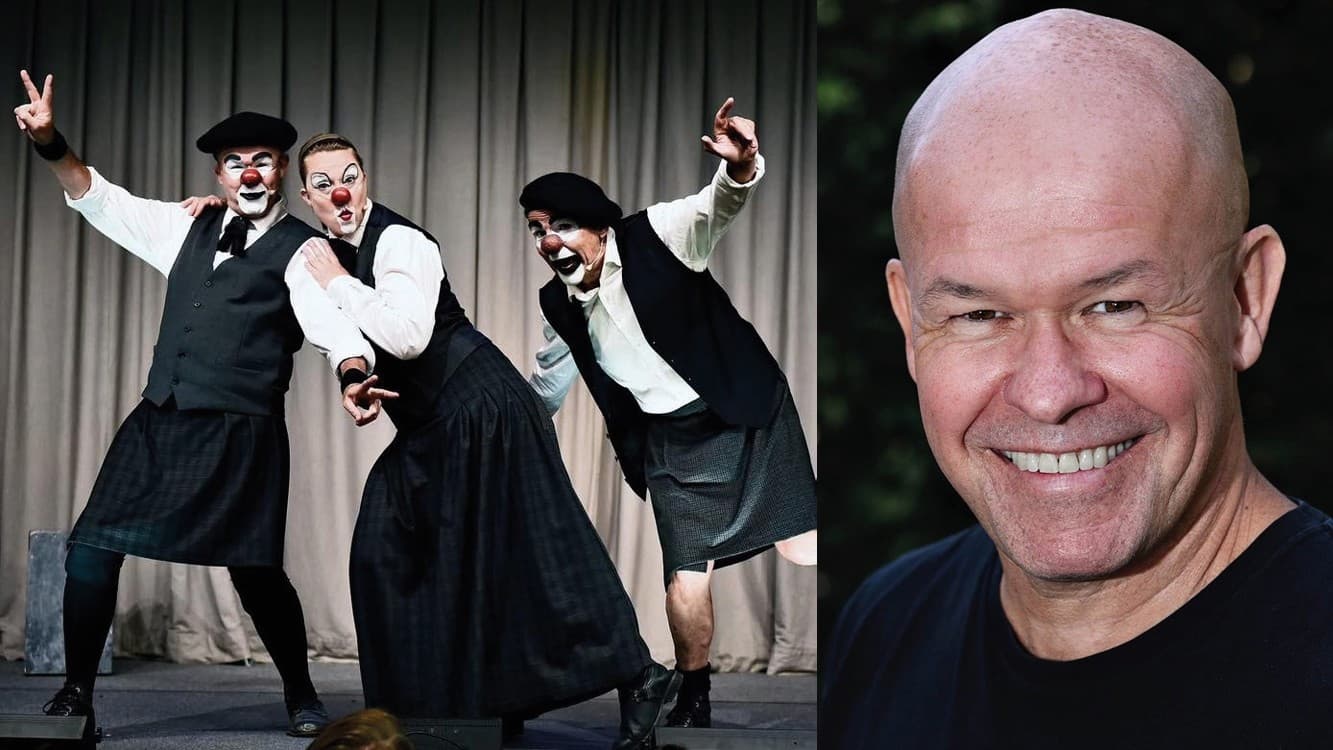 Föreställningen ”123 Schtunk” (vänster). Till höger porträtt av Lasse Beischer. Foto: Anders Cöster/Henri Kokko