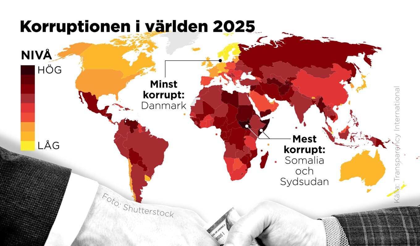 Korruptionen i världens länder enligt Transparency Internationals korruptionsindex för 2025. Foto: Anders Humlebo/TT