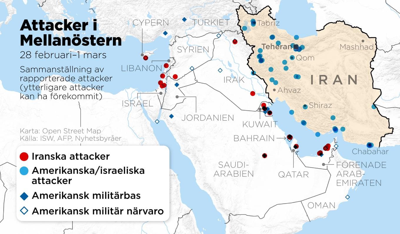 Sammanställning av rapporterade attacker i Mellanöstern mellan den 28 februari och den 1 mars (ytterligare attacker kan ha förekommit). Foto: Anders Humlebo/TT