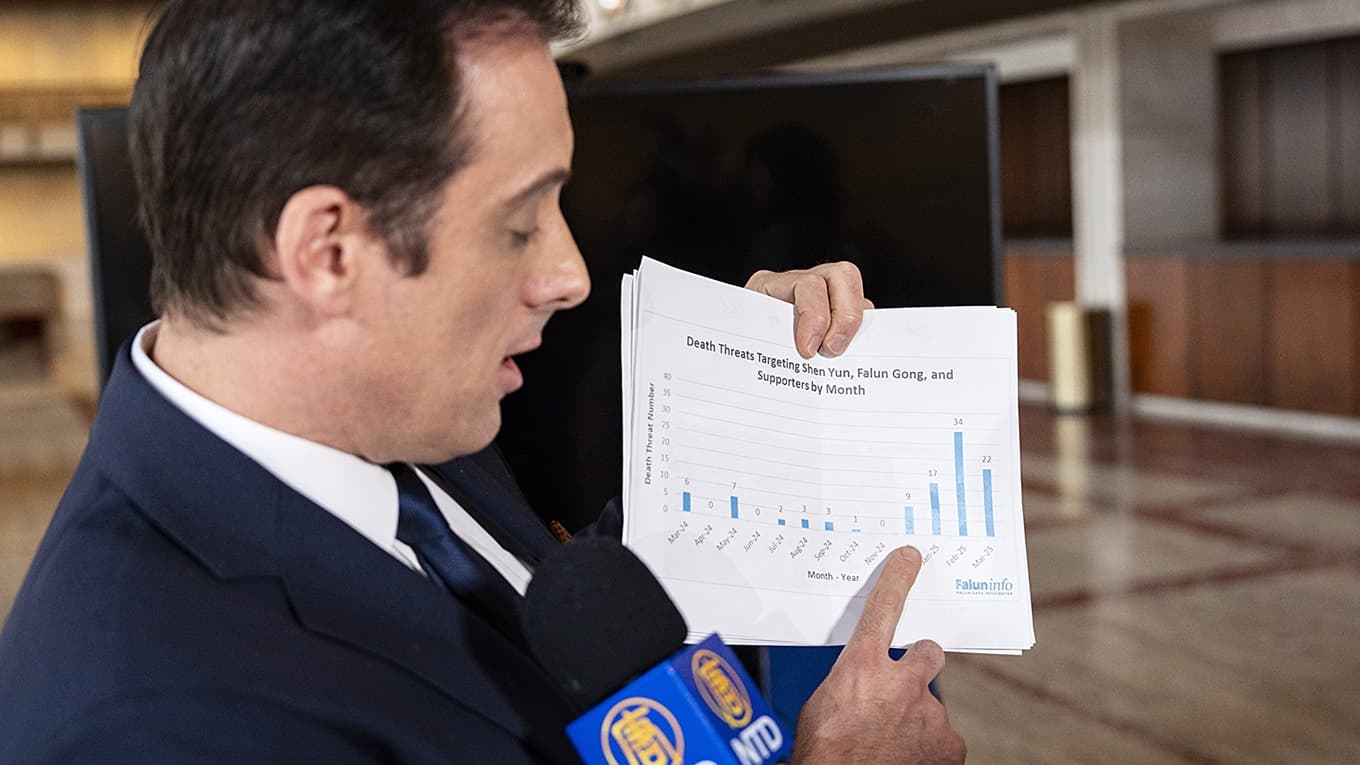 Leeshai Lemish från danskompaniet Shen Yun visar en graf över hur de KKP-stödda dödshoten mot kompaniet har ökat. Foto: Samira Bouaou