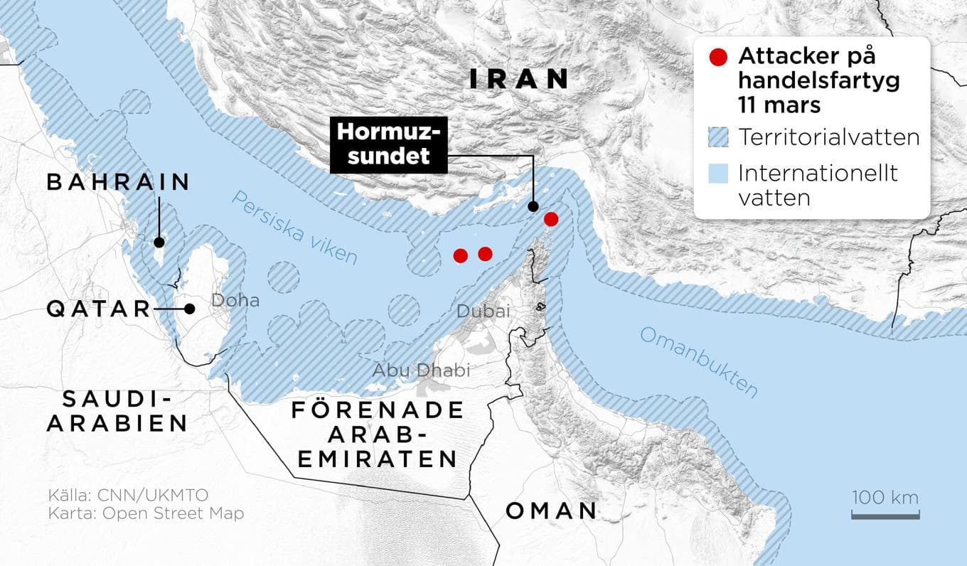 Flera handelsfartyg har på onsdagen attackerats i Hormuzsundet, som skiljer Persiska viken och Omanbukten. Foto: Anders Humlebo/TT