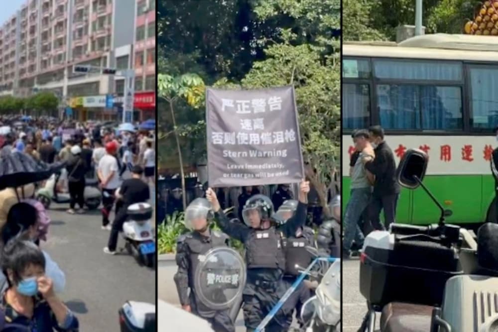 Bilder från protesterna mot ett krematorium i staden Maoming, Guangdongprovinsen. Foto: Privat