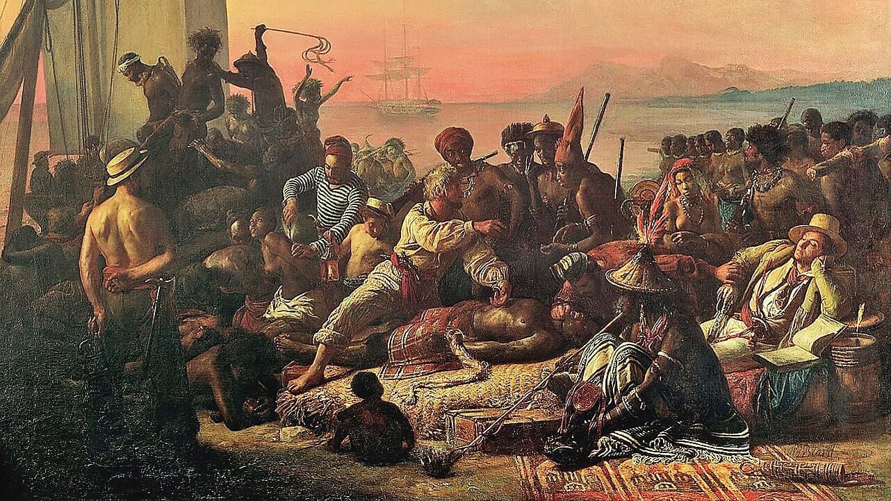 Många gånger är historiens grymheter ett resultat av människans obenägenhet att göra gott. ”Slavhandel” av François-Auguste Biard (1799–1882). Foto: Wikimedia Commons