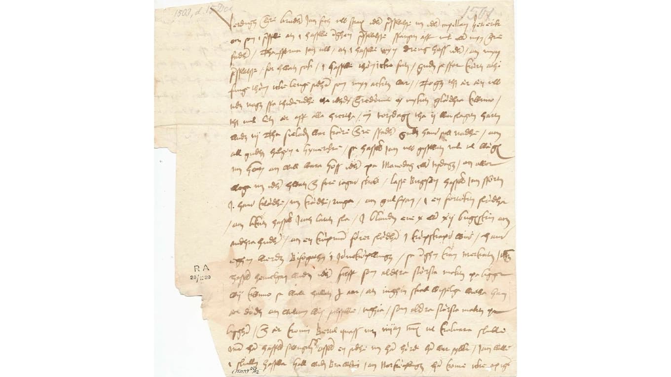 Brevet där Hemming Gadh informerar Svante Nilsson om att Sten Sture den äldre är död. Han konstaterar att dödsfallet måste hållas hemligt i ett halvår. Foto: Riksarkivet/Wikimedia Commons