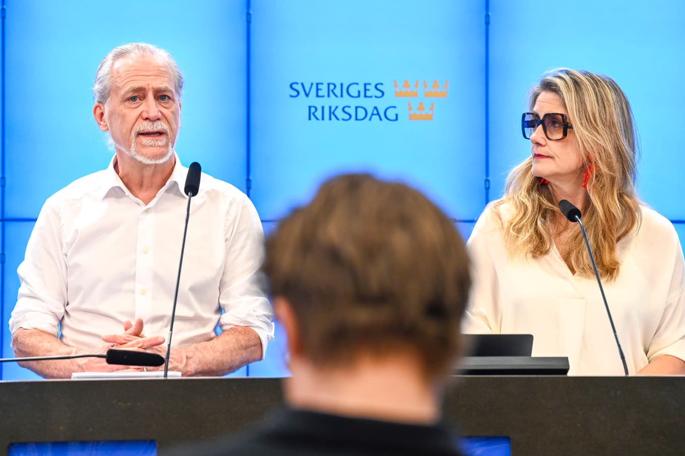 Miljöpartiets språkrör Daniel Helldén och Janine Alm Ericson, ekonomiskpolitisk talesperson, presenterar Miljöpartiets förslag till vårbudget vid en pressträff. Foto: Fredrik Sandberg/TT