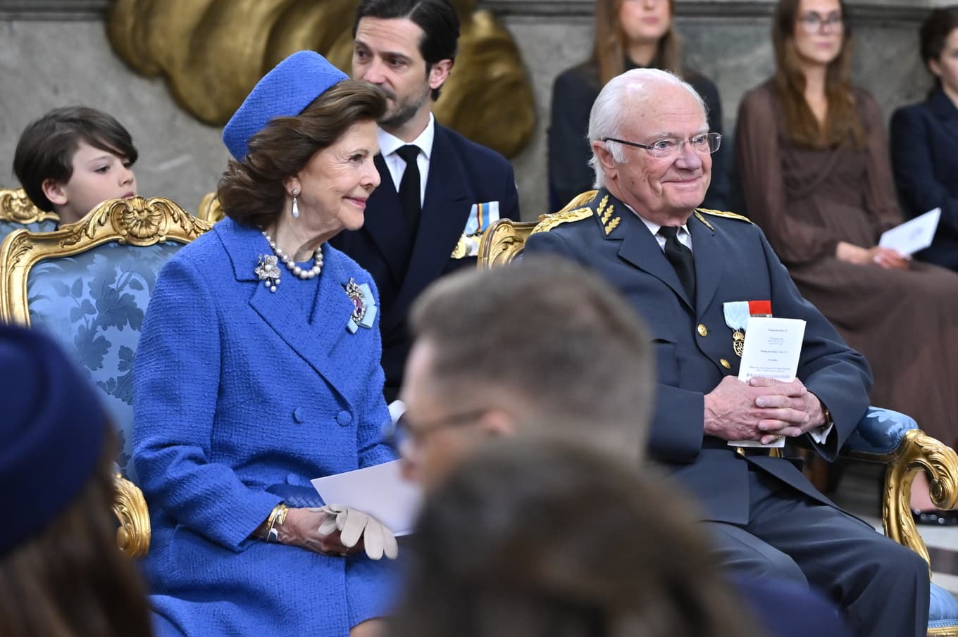 Drottning Silvia och kung Carl Gustaf under Te Deum i Slottskyrkan. Foto: Anders Wiklund/TT