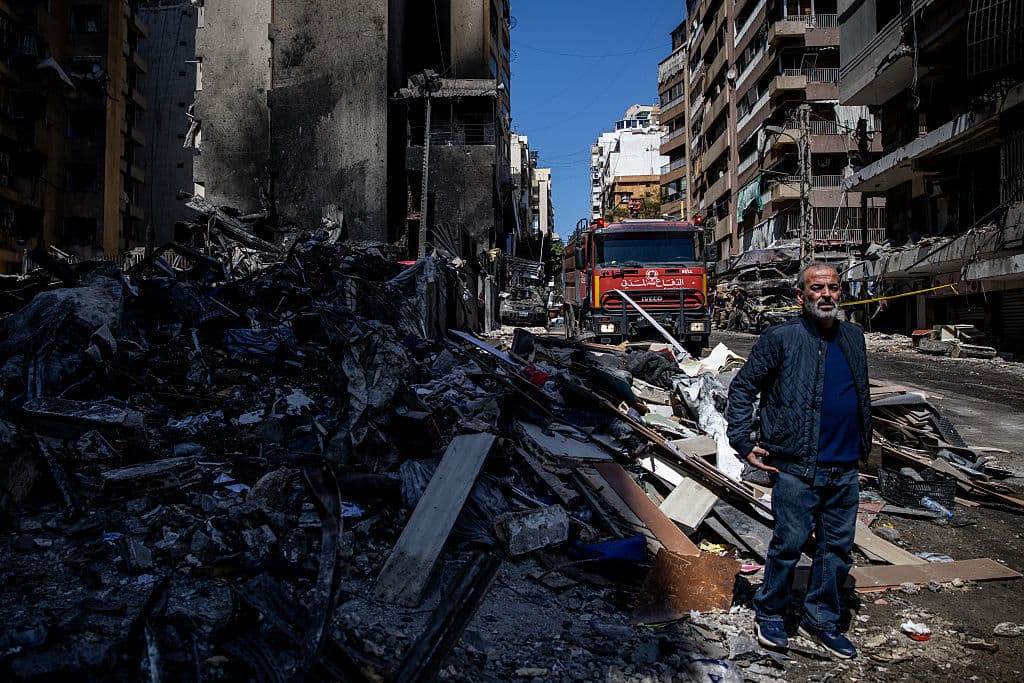 Förödelse i Libanon den 9 april efter Israels attacker. Foto:  Chris McGrath/Getty Images