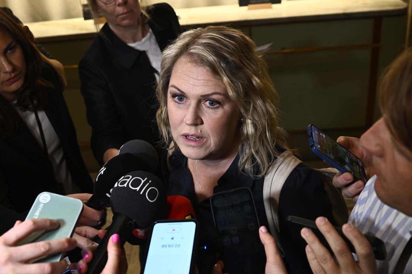 S gruppledare Lena Hallengren efter mötet med talmannen Andreas Norlén. Foto: Fredrik Sandberg/TT